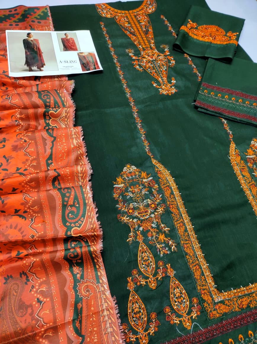 Hussain Rehar Lawn Embroiderd 3Pc Unstiched Suit With Printed Bana Dora Shawl