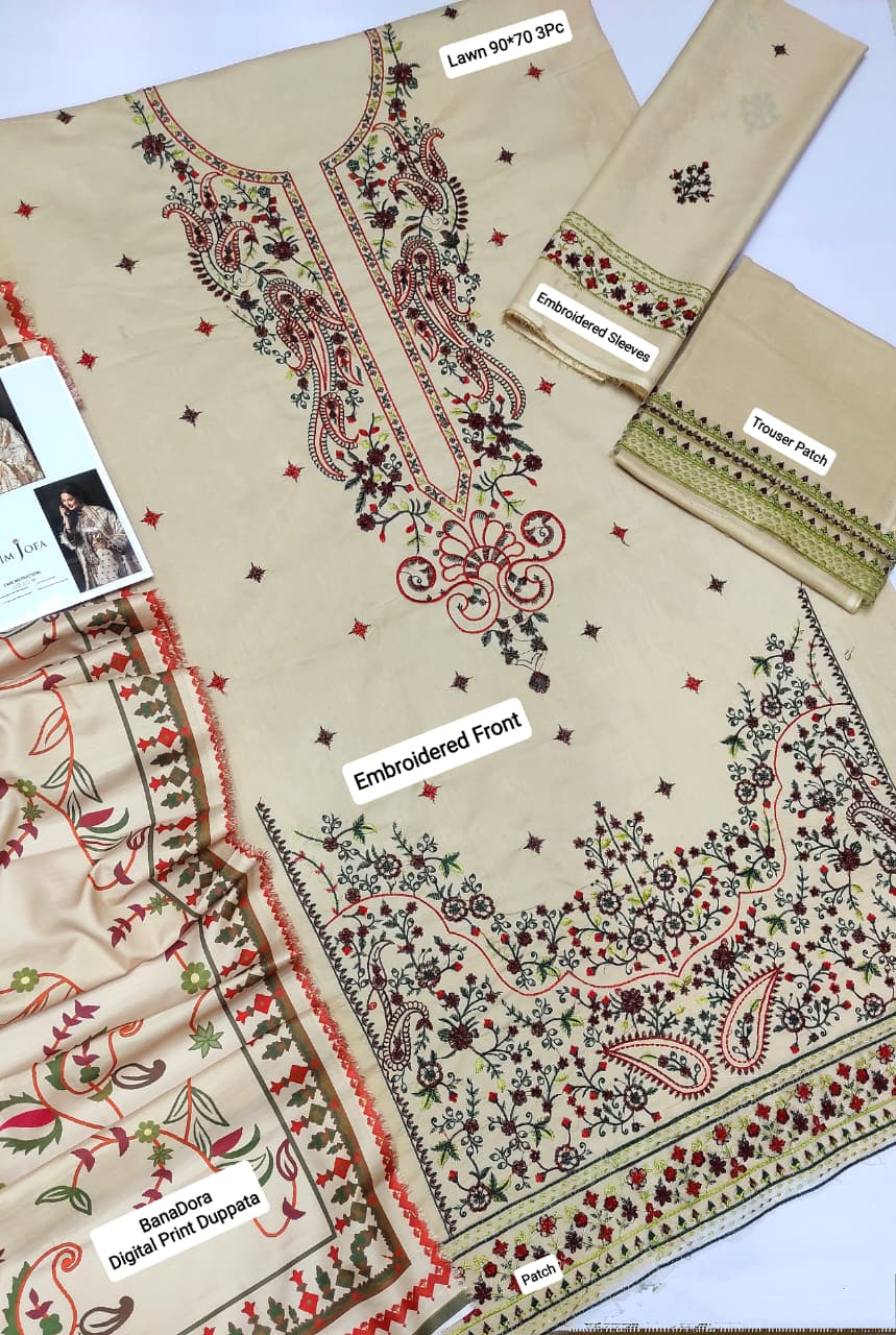 Asim Jofa Lawn Embroiderd 3Pc Unstiched Suit With Printed Bana Dora Shawl
