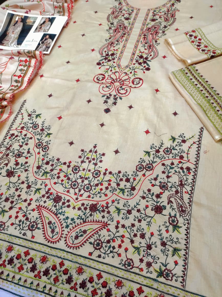 Asim Jofa Lawn Embroiderd 3Pc Unstiched Suit With Printed Bana Dora Shawl