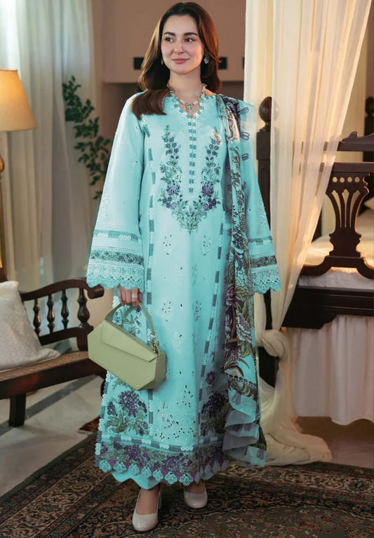Qalamkar Lawn Embroiderd 3Pc Unstiched Suit With Printed Bana Dora Shawl