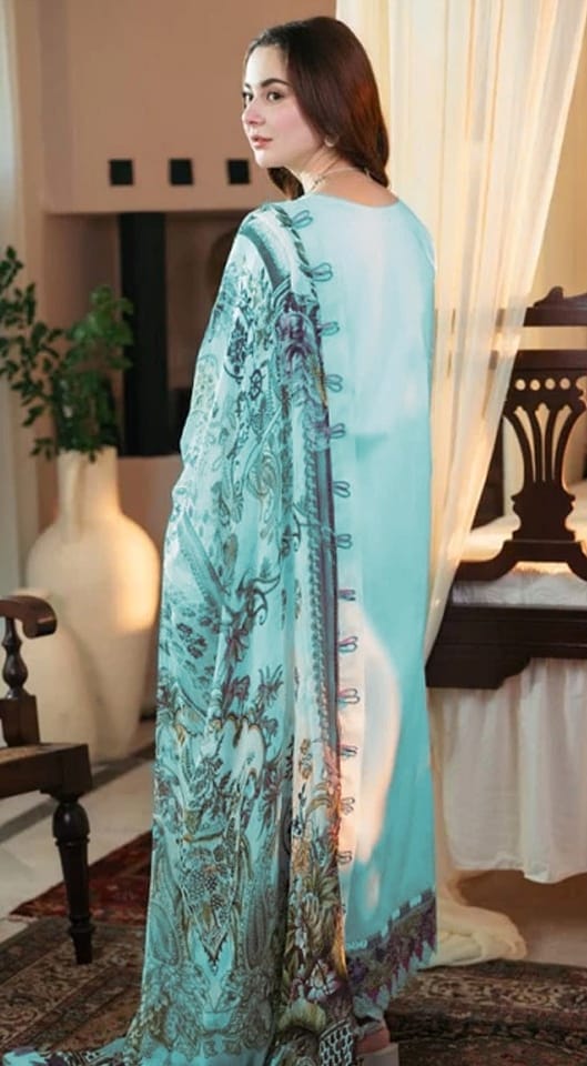 Qalamkar Lawn Embroiderd 3Pc Unstiched Suit With Printed Bana Dora Shawl