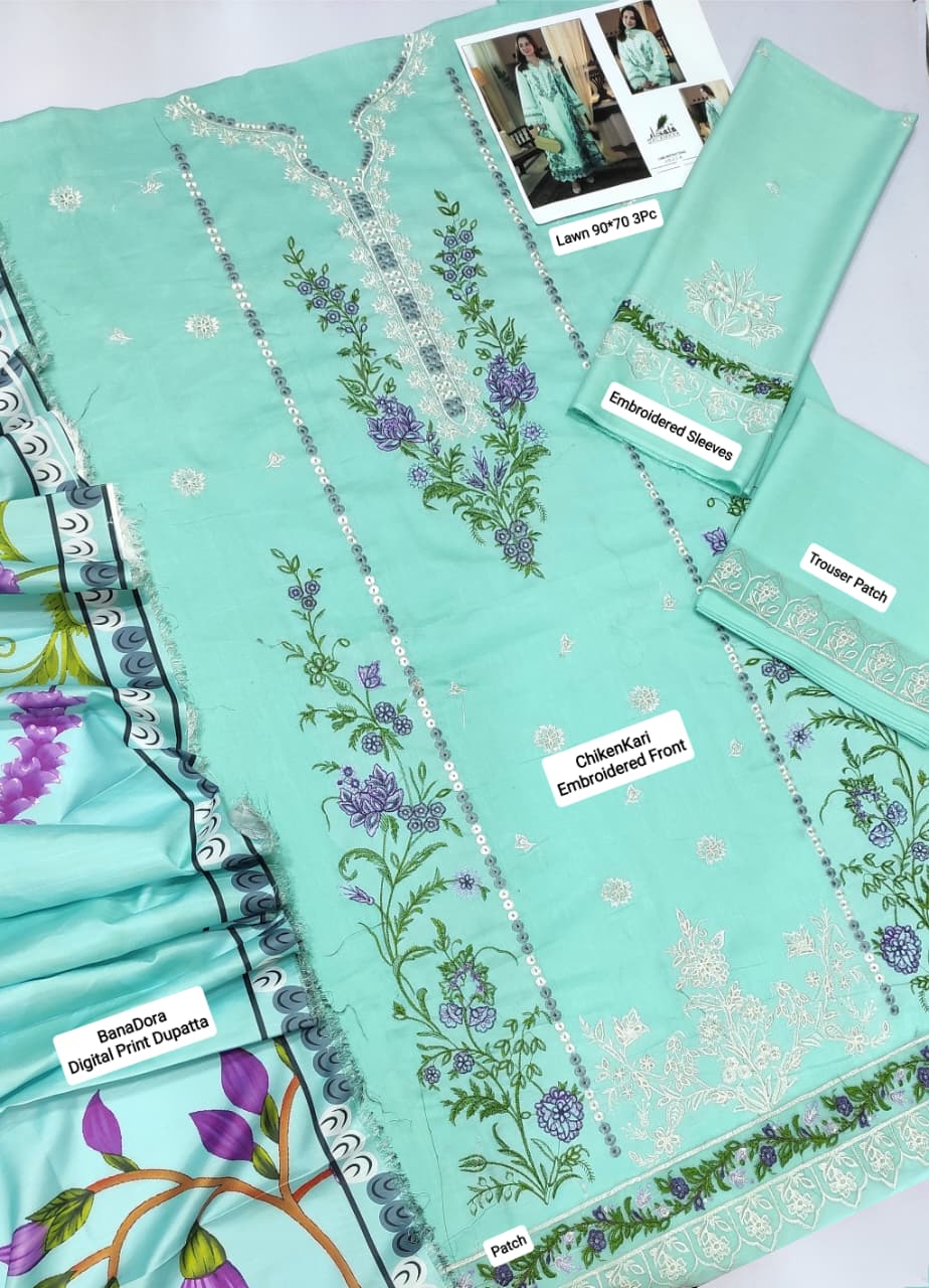 Qalamkar Lawn Embroiderd 3Pc Unstiched Suit With Printed Bana Dora Shawl
