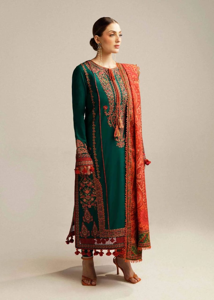 Hussain Rehar Lawn Embroiderd 3Pc Unstiched Suit With Printed Bana Dora Shawl