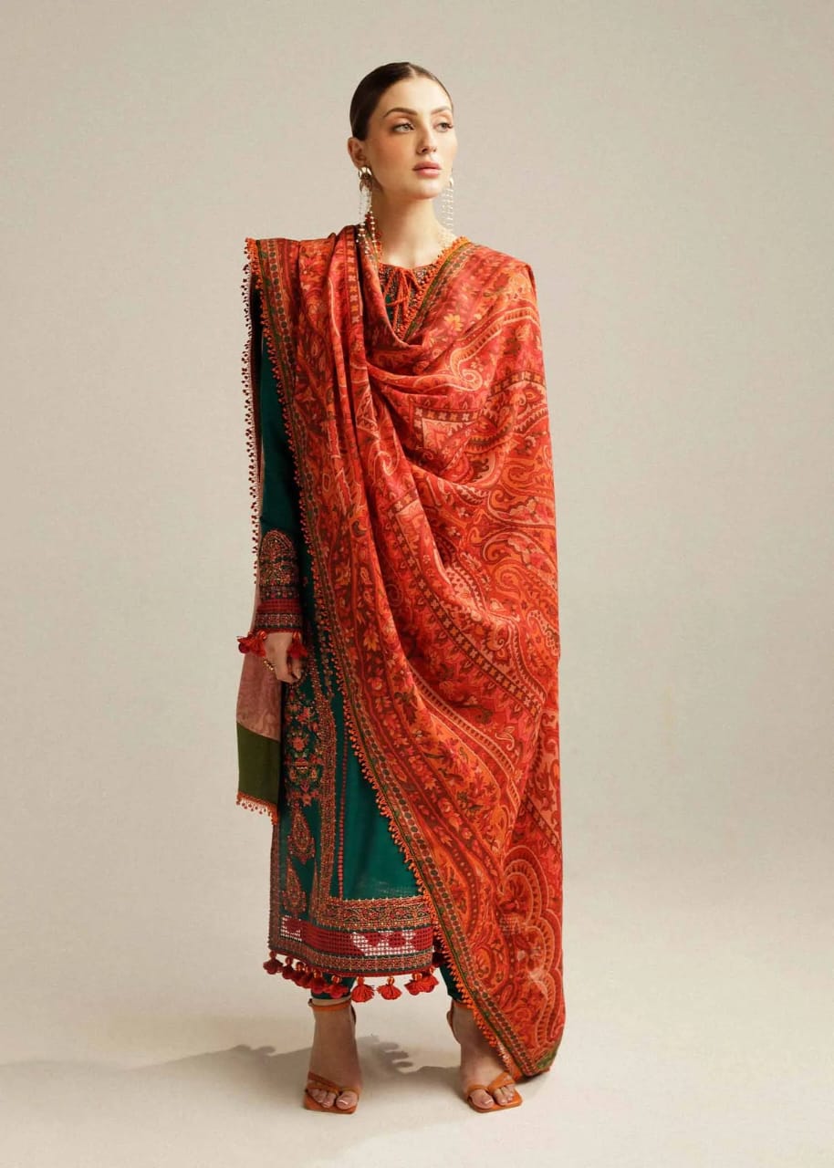 Hussain Rehar Lawn Embroiderd 3Pc Unstiched Suit With Printed Bana Dora Shawl