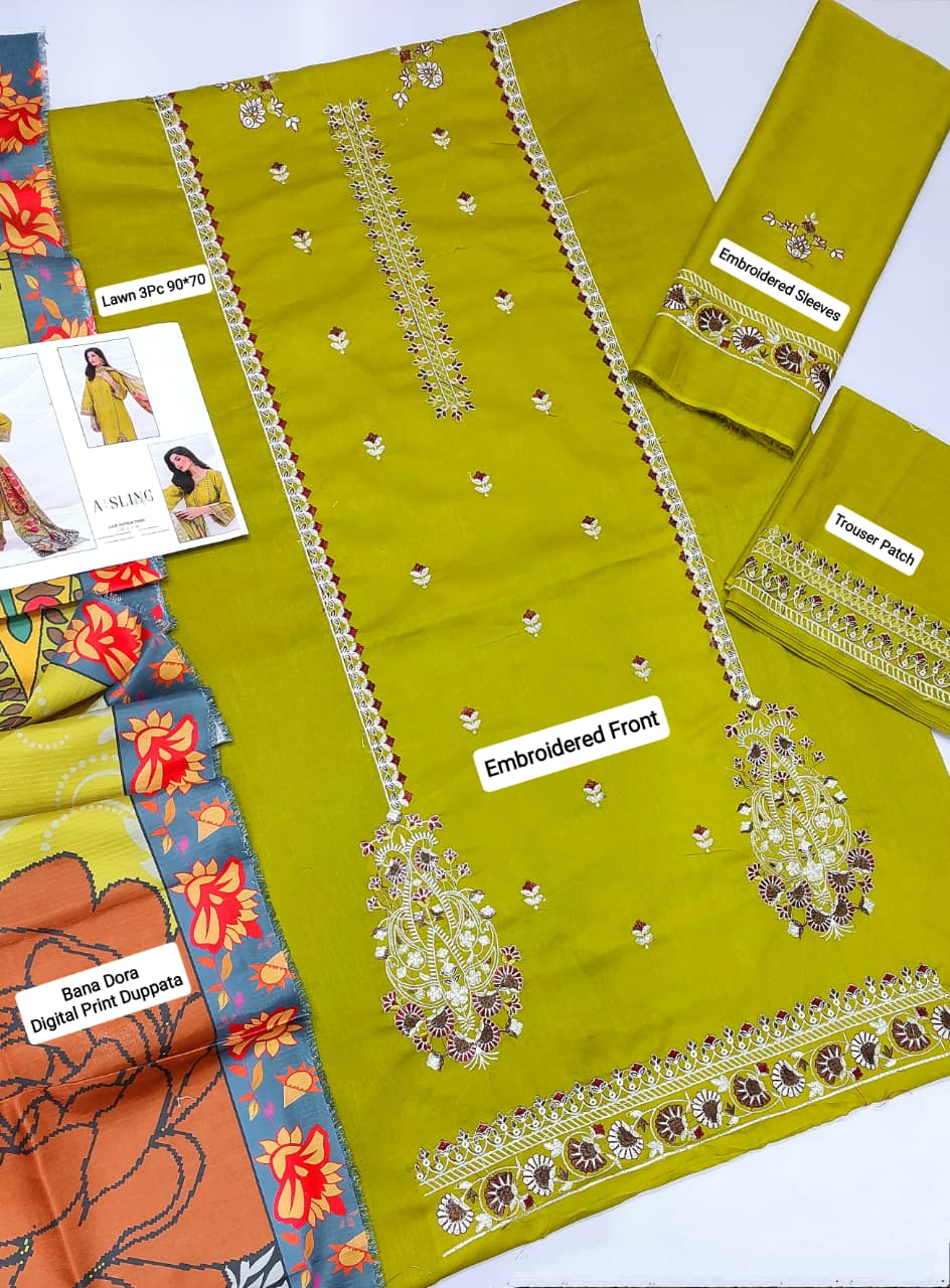 Batik Lawn Embroiderd 3Pc Unstiched Suit With Printed Bana Dora Shawl