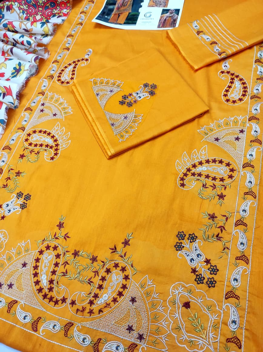 Charizma Lawn Embroiderd 3Pc Unstiched Suit With Printed Bana Dora Shawl