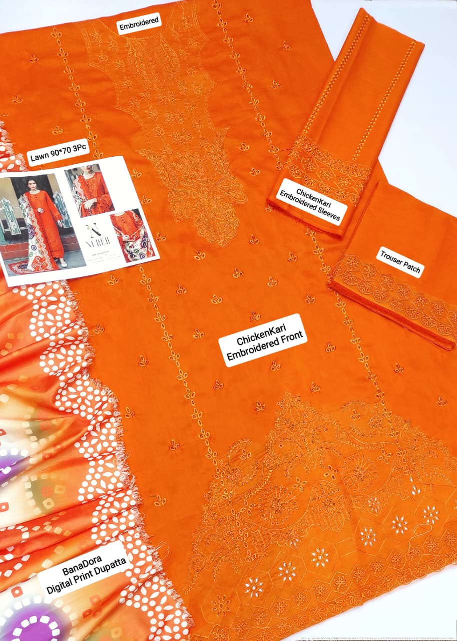 Nureh Lawn Embroiderd 3Pc Unstiched Suit With Printed Bana Dora Shawl